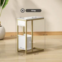 HOMCOM C Shaped Side Table with Charging Station and Faux Marble Top - White(m-3)