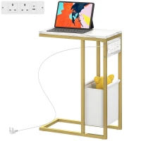 HOMCOM C Shaped Side Table with Charging Station and Faux Marble Top - White(m-11)