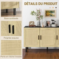 HOMCOM Meuble de rangement avec placards à portes effet cannage, étagères réglables, 136 x 41 x 70 cm, noir et bois naturel(m-5)