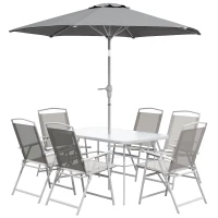 Outsunny Set da Giardino con Tavolo da Pranzo, 6 Sedie Pieghevoli e Ombrellone a Manovella, Grigio(m-1)
