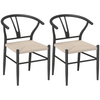 HOMCOM Set of Two Weave Dining Chairs with Y-Shaped Backrest Hemp Seat - Black/Beige