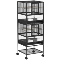 PawHut Gaiola para Pássaros de 2 Níveis com Rodas Painéis Acrílicos Comedouros Prateleira Bandejas Amovíveis  48x46x134,5 cm Preto(m-1)