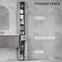 kleankin 180cm Slim Bathroom Cabinet, with Drawer, Shelves and Cupboards - Grey(m-4)