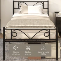 HOMCOM Marco de Cama Individual de Metal 31 cm para Colchón 90x190 cm con Cabecera Forma de Mariposa Estructura de Cama con Espacio Bajo de Almacenamiento 95x196x100 cm Negro(m-5)