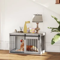 PawHut 98cm Dog Crate Furniture with Removable Cushion for Large Dogs - Grey(m-9)
