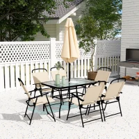 Outsunny 8 Pieces Garden Dining Set with Umbrella, Patio Sets with Parasol with 6 Foldable Chairs, Glass Top Table, and Sun Parasol, Beige(m-9)