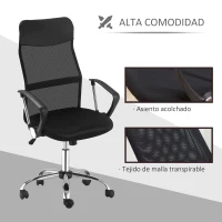 HOMCOM Silla de Oficina Giratoria Ergonómica Sillón de Escritorio de Malla con Ruedas de PVC Respaldo Alto Carga 120kg Negro(m-7)