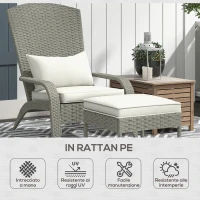 Outsunny Sedia da Giardino con Poggiapiedi e Cuscini Imbottiti, in Rattan e Acciaio, 64x82x89 cm, Grigio e Crema(m-4)