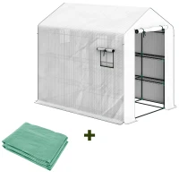 Outsunny Serre de jardin PE avec étagères 3 niveaux serre d'extérieur avec bâche de remplacement vert 143 x 215 x 190 cm blanc(m-11)