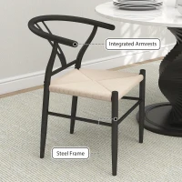 HOMCOM Set of Two Weave Dining Chairs with Y-Shaped Backrest Hemp Seat - Black/Beige(m-5)