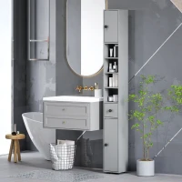 kleankin 180cm Slim Bathroom Cabinet, with Drawer, Shelves and Cupboards - Grey(m-2)