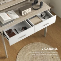 HOMCOM Mesa Consola Escritorio Extensible de 2 Niveles con Rieles Deslizantes 2 Cajones y 2 Ruedas 95x35x87 cm Roble(m-5)