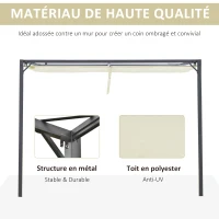 Outsunny Pergola adossable retractable dim. 3L x 3l x 2,3H m pavillon de jardin toile polyester haute densité crème structure métal époxy gris(m-5)