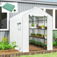 Outsunny Serre de jardin PE avec étagères 3 niveaux serre d'extérieur avec bâche de remplacement vert 143 x 215 x 190 cm blanc(m-2)