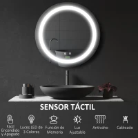 kleankin Espejo de Baño con Luz LED Táctil Función de Memoria Brillo y Color Ajustable y Antivaho Ø50x4,6 cm Plata(m-6)