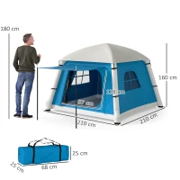 Outsunny Inflatable Camping Tent w/ Hand Pump, Easy Setup 1/2 Person Blow Up Tent Waterproof 190T Taffeta w/ Mesh Windows, Doors and Carry Bag, Light Blue(m-3)