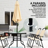 Outsunny 8 Pieces Garden Dining Set with Umbrella, Patio Sets with Parasol with 6 Foldable Chairs, Glass Top Table, and Sun Parasol, Beige(m-5)