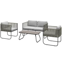 Outsunny Set da Giardino Rattan con Divanetto 2 Posti, 2 Poltrone e Tavolino in Vetro, Cuscini Sfoderabili, Grigio(m-10)