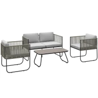 Outsunny Set da Giardino Rattan con Divanetto 2 Posti, 2 Poltrone e Tavolino in Vetro, Cuscini Sfoderabili, Grigio(m-1)
