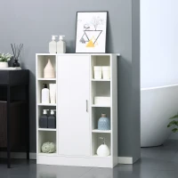 kleankin Armario de Suelo para Baño de Madera con 8 Compartimentos Abiertos y 1 Puerta con Estantes Ajustables Mueble Auxiliar Multiusos para Cocina Salón 71x22x100 cm Blanco(m-2)