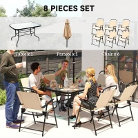 Outsunny 8 Pieces Garden Dining Set with Umbrella, Patio Sets with Parasol with 6 Foldable Chairs, Glass Top Table, and Sun Parasol, Beige(m-4)