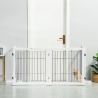 PawHut Składana Bramka Ochronna dla Psów z Drewna i Stali, Biała 305 x 35,5 x 82 cm(m-12)