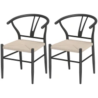 HOMCOM Set of Two Weave Dining Chairs with Y-Shaped Backrest Hemp Seat - Black/Beige(m-11)