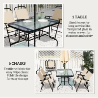 Outsunny 8 Pieces Garden Dining Set with Umbrella, Patio Sets with Parasol with 6 Foldable Chairs, Glass Top Table, and Sun Parasol, Beige(m-6)