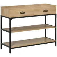 HOMCOM Mesa de Entrada con 2 Cajones y 2 Estantes de Almacenamiento Marco de Acero 100x35x79,2 cm Roble(m-10)