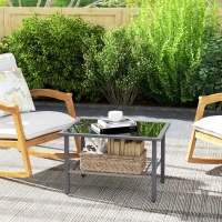Outsunny Outdoor Rattan Coffee Table with Tempered Glass Top, Storage Shelf, Foot Pads, for Patio, Balcony, Mixed-grey(m-7)