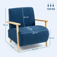 HOMCOM Poltrona Nórdica Poltrona Sala de Estar Estofada em Borrego com Apoio para os Braços de Madeira  74,5x76x78 cm Azul(m-3)