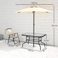 Outsunny 8 Pieces Garden Dining Set with Umbrella, Patio Sets with Parasol with 6 Foldable Chairs, Glass Top Table, and Sun Parasol, Beige(m-3)