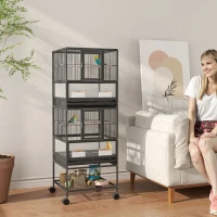 PawHut Gaiola para Pássaros de 2 Níveis com Rodas Painéis Acrílicos Comedouros Prateleira Bandejas Amovíveis  48x46x134,5 cm Preto(m-2)