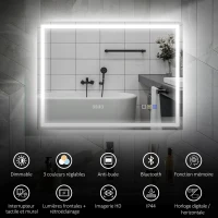 HOMCOM Miroir salle de bain LED bluetooth 60 x 80 cm interrupteur tactile lumière réglable 3 couleurs anti-buée mémoire argent(m-4)