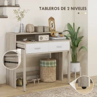 HOMCOM Mesa Consola Escritorio Extensible de 2 Niveles con Rieles Deslizantes 2 Cajones y 2 Ruedas 95x35x87 cm Roble(m-4)