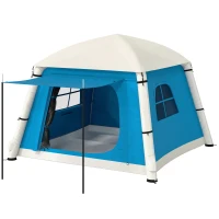 Outsunny Inflatable Camping Tent w/ Hand Pump, Easy Setup 1/2 Person Blow Up Tent Waterproof 190T Taffeta w/ Mesh Windows, Doors and Carry Bag, Light Blue(m-11)