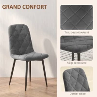 HOMCOM Lot de 4 chaises de salle à manger rembourrées avec dossier haut, pieds en acier et tissu effet velours, gris(m-4)
