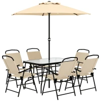 Outsunny 8 Pieces Garden Dining Set with Umbrella, Patio Sets with Parasol with 6 Foldable Chairs, Glass Top Table, and Sun Parasol, Beige(m-11)