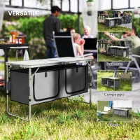 Outsunny Tavolino da Campeggio Picnic con Base per Cibi e Bevande Altezza Regolabile Pieghevole Alluminio, Legno 120x47x55/62/68cm(m-7)