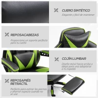 Vinsetto Silla Gaming Ergonómica Silla de Escritorio de Oficina Regulable en Altura Reclinable Respaldo con Reposapiés Reposacabezas Cojín Lumbar Ruedas 65x70x118,5-128,5 cm Verde(m-8)
