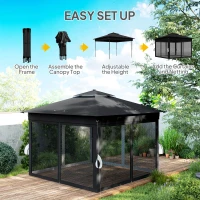 Outsunny 3.36 x 3.36m Pop Up Gazebo Party Tent with Solar-Powered LED Lights, Adjustable Event Shelter with Netting, Black(m-6)