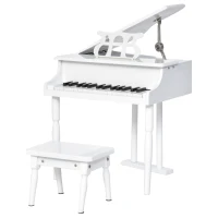 HOMCOM Piano de Cola Infantil de MDF con 30 Teclas Taburete y Atril de Partituras Piano para Niños Instrumento Musical Didáctico 52x50x49 cm Blanco(m-10)