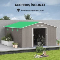 Outsunny Magazie de Gradina cu Usi Duble Glisante si Acoperis Inclinat, Sopron de Gradina din Otel si PP, 3.4x4x2m, Gri(m-8)