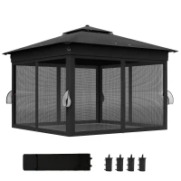 Outsunny 3.36 x 3.36m Pop Up Gazebo Party Tent with Solar-Powered LED Lights, Adjustable Event Shelter with Netting, Black(m-11)