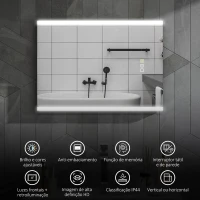 HOMCOM Espelho de Casa de Banho com Luz LED 70x50 cm 3 Cores de Luz Função Antiembaciamento Função de Memória IP44 Prata(m-4)