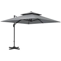 Outsunny 3 x 3(m) Cantilever Parasol with Aluminium Frame, Crank and Tilt, 360-Degree Rotation, Double Top Garden Umbrella with Cover (Only Cross Base), Light Grey(m-1)