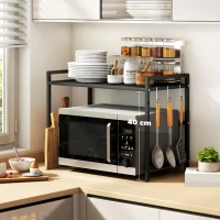 HOMCOM Expandable Microwave Oven Rack with 3 Hooks - Black(m-4)