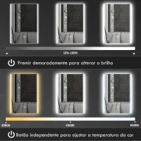 HOMCOM Espelho de Casa de Banho com Luz LED 70x50 cm 3 Cores de Luz Função Antiembaciamento Função de Memória IP44 Prata(m-5)