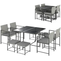 Outsunny Conjunto de Móveis de Jardim de Vime de 9 Peças com Mesa com Vidro Temperado 4 Cadeiras 4 Bancos Cinzento(m-11)
