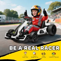 HOMCOM 24V Electric Go Kart for Kids with Adjustable Seat for 6-12 Years, White(m-4)